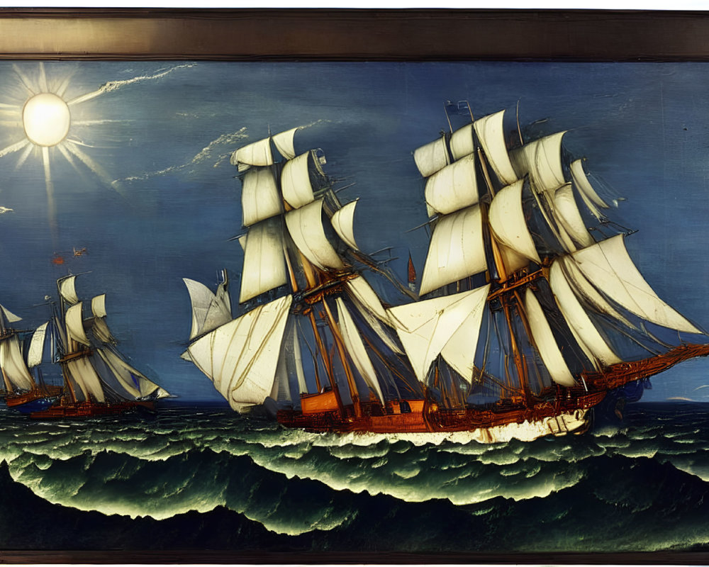 Classic Nautical Artwork: Two Tall Ships Sailing at Sea