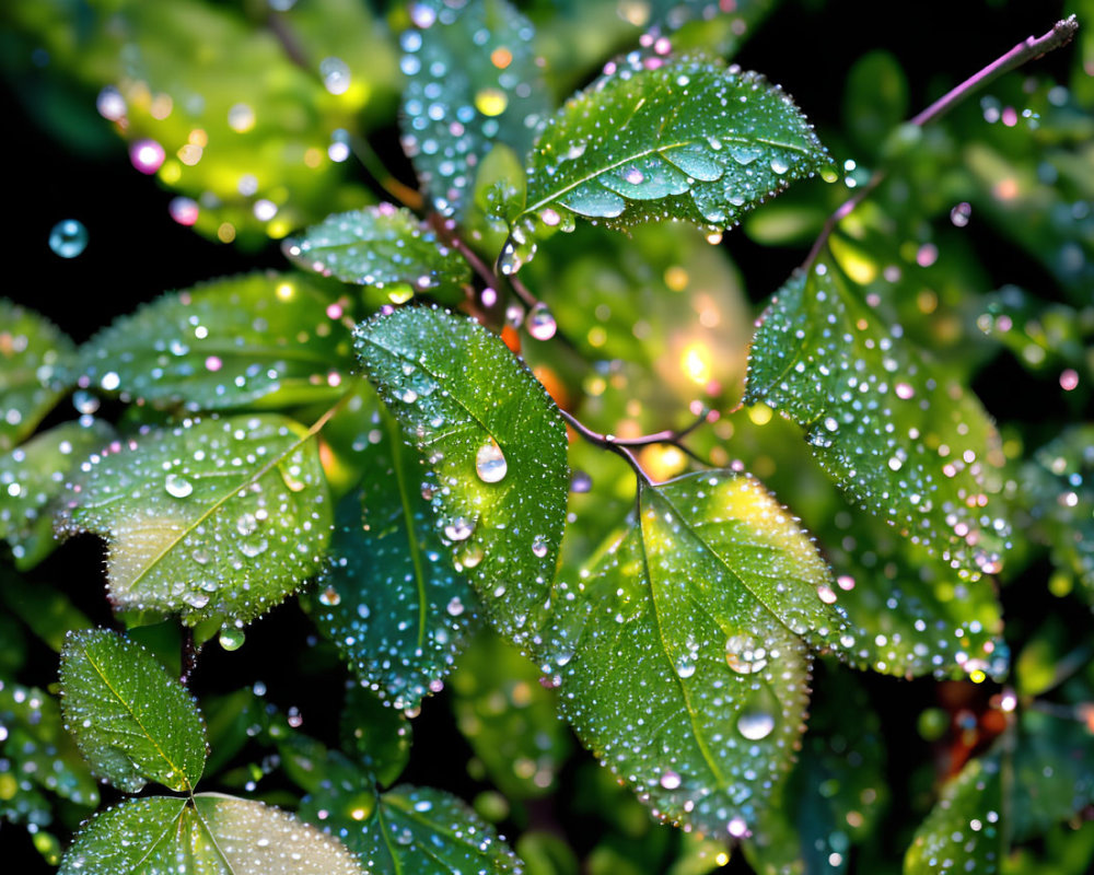 Fresh Green Leaves Sparkling with Water Droplets