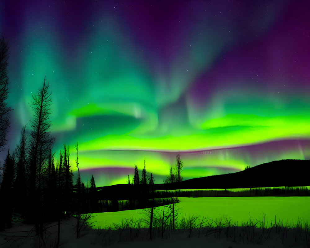 Colorful aurora borealis lights up snowy landscape with silhouetted trees.