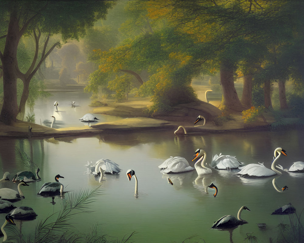 Tranquil woodland pond with swans, ducks, and lush trees