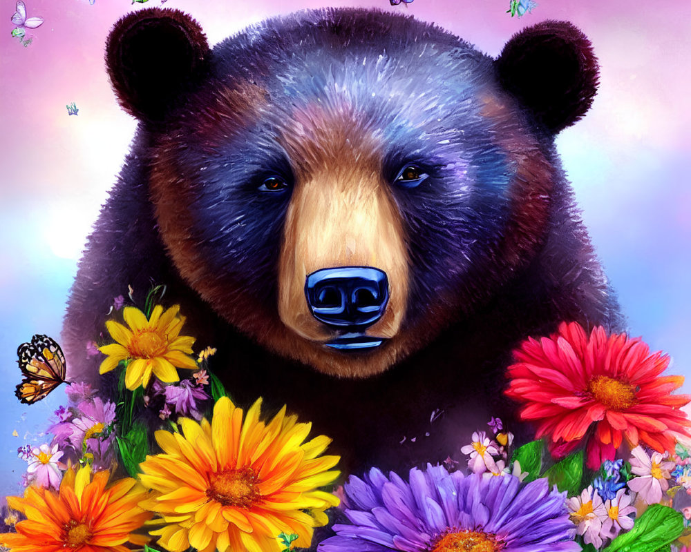 Colorful Bear Face Surrounded by Butterflies and Flowers