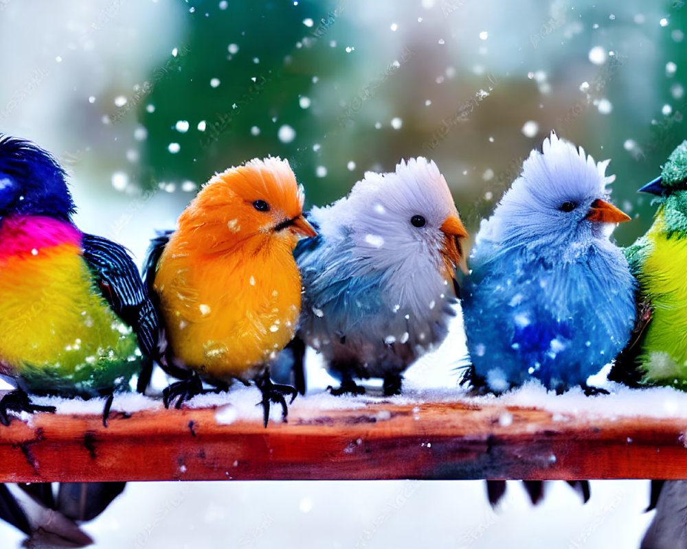 Colorful Birds Perched on Branch Amid Falling Snowflakes