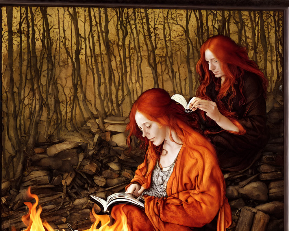 Two red-haired individuals in autumnal forest setting with fire and hair braiding, dark border.