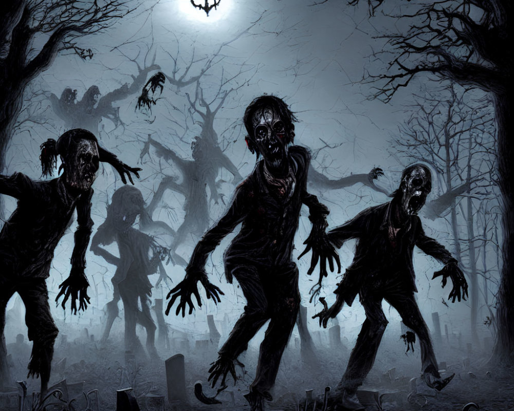 Spooky zombies in foggy graveyard under full moon