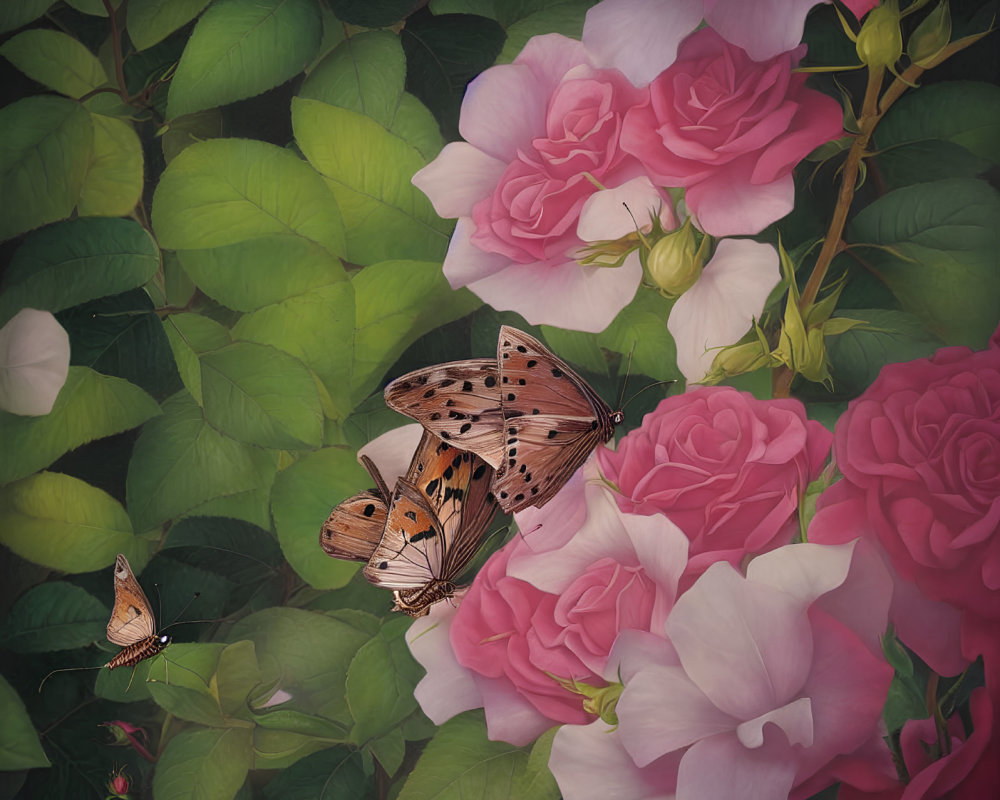 Pink roses, green leaves, and butterflies on dark background