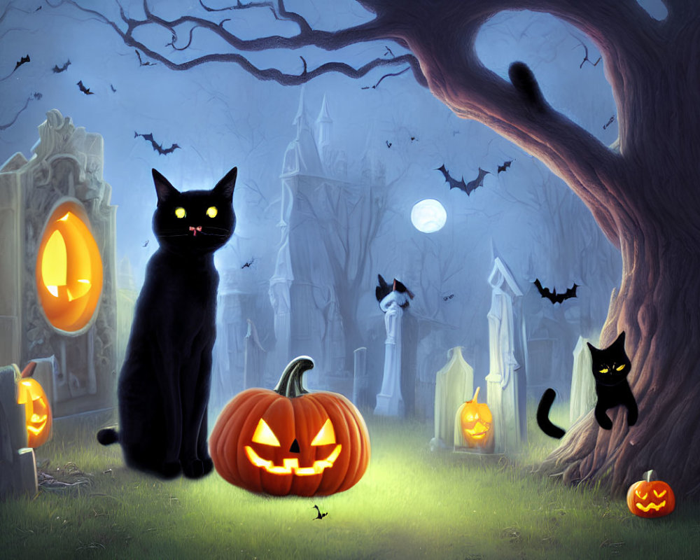 Halloween scene with black cats, jack-o-lanterns, graveyard, full moon, bats