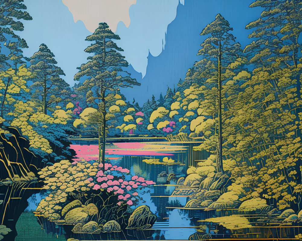 Stylized digital landscape with vibrant forest and pink water reflections