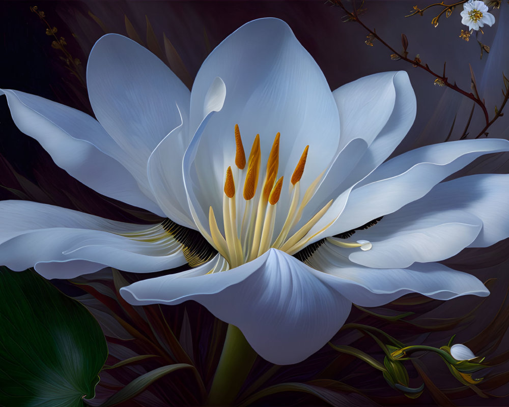 Detailed White Lily Illustration with Vibrant Yellow Stamens on Dark Background