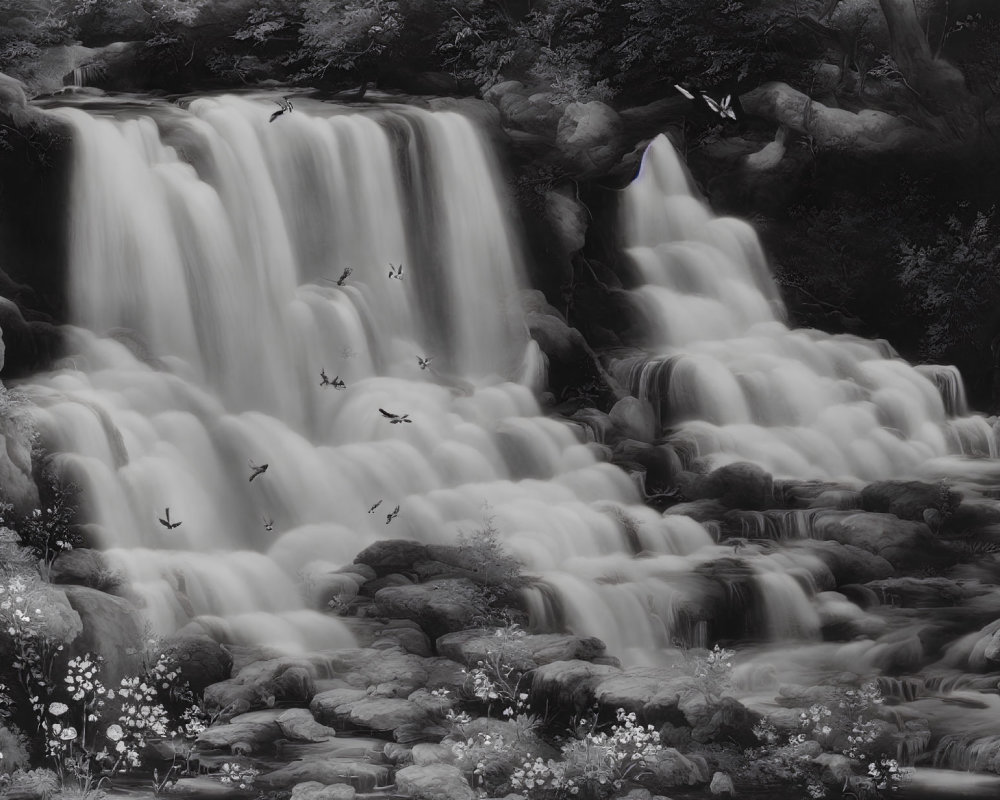 Monochrome image of cascading waterfall with birds and flora