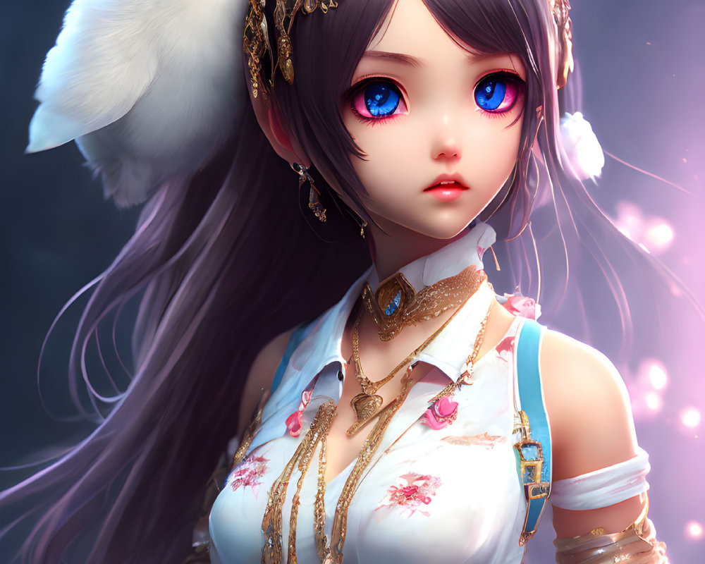 Illustration of girl with blue eyes, dark hair, gold jewelry, and a white cockatoo