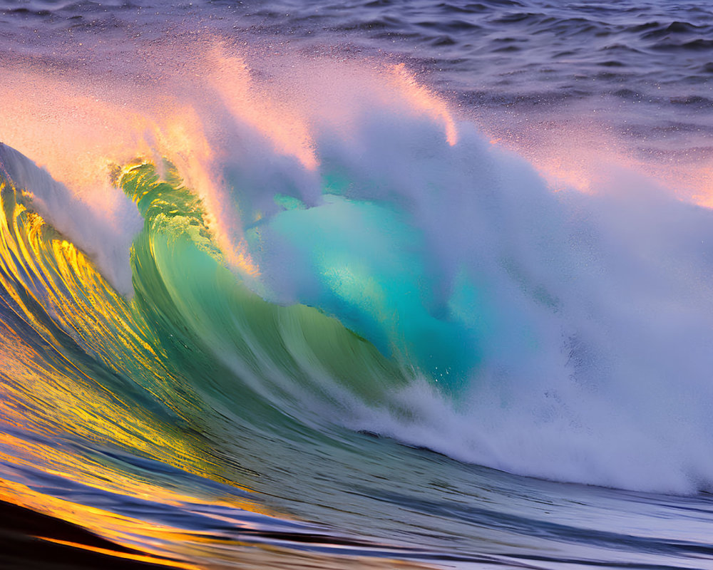 Vibrant ocean wave mid-break with sunlight and aqua hues