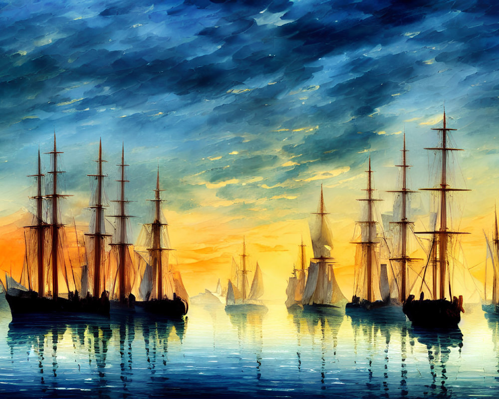 Tall ships with masts and sails at sunset over water