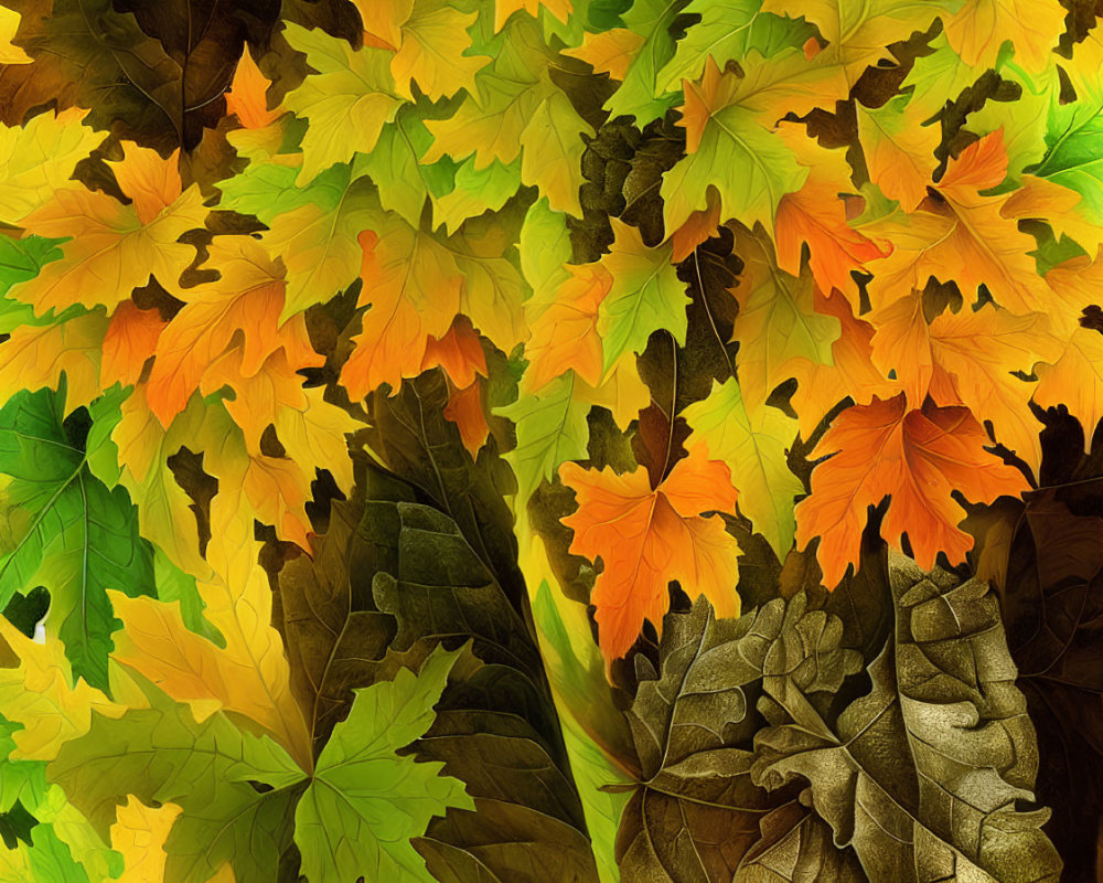 Vibrant Array of Autumn Leaves in Green, Yellow, and Orange