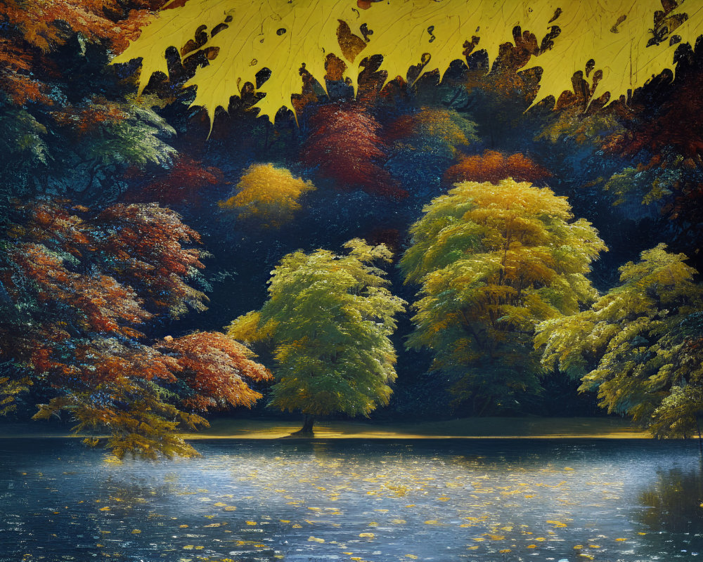 Vibrantly colored trees reflecting on tranquil water under a surreal yellow sky