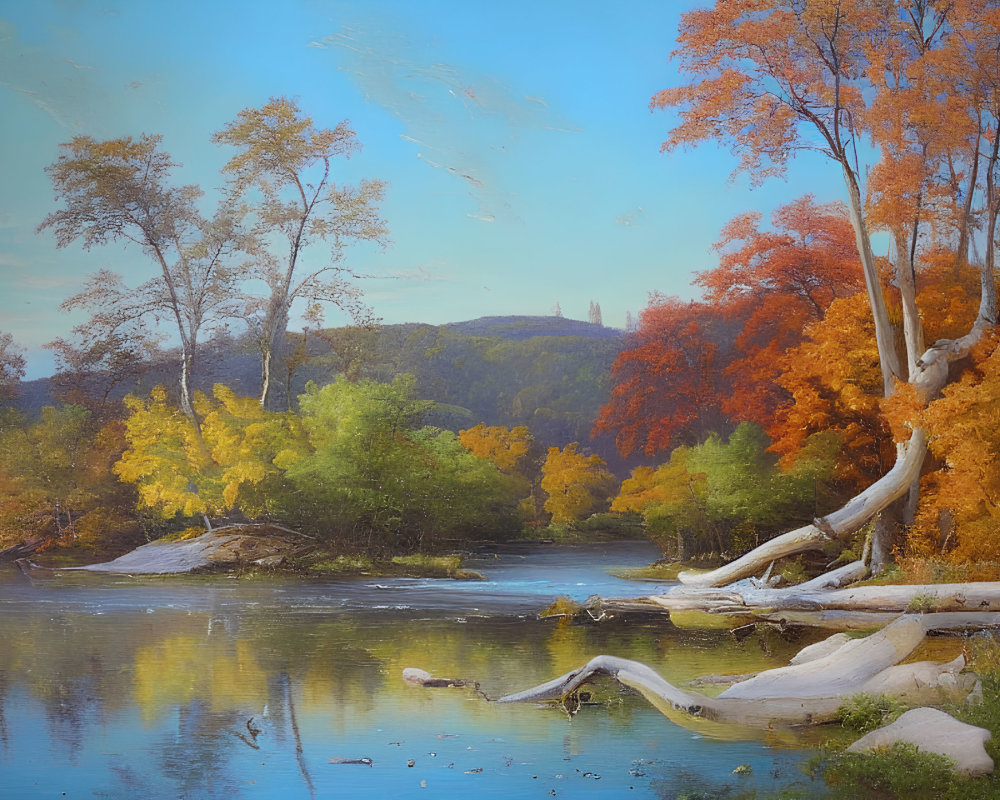 Tranquil autumn river with colorful trees and fallen leaves