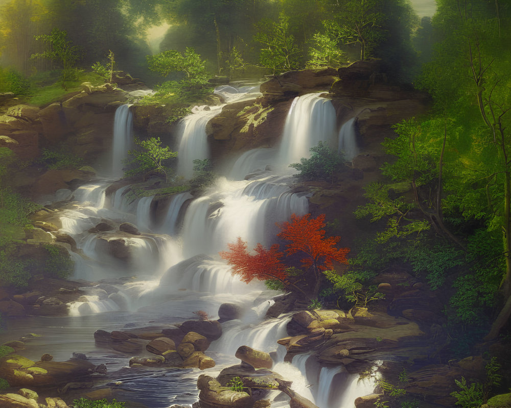 Tranquil waterfall scene with red tree in lush greenery