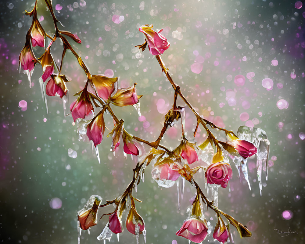 Digital Art: Branch with Pink Flowers Frozen in Ice on Bokeh Background