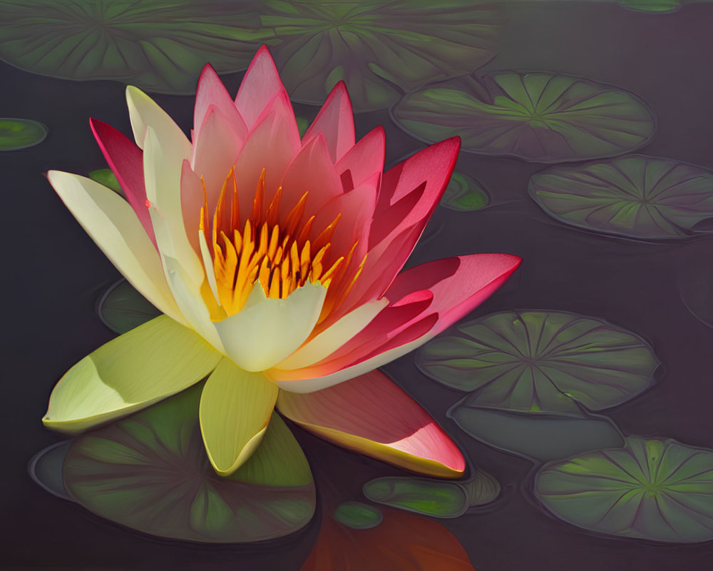 Colorful Pink and Yellow Water Lily with Reflection and Green Lily Pads on Dark Water