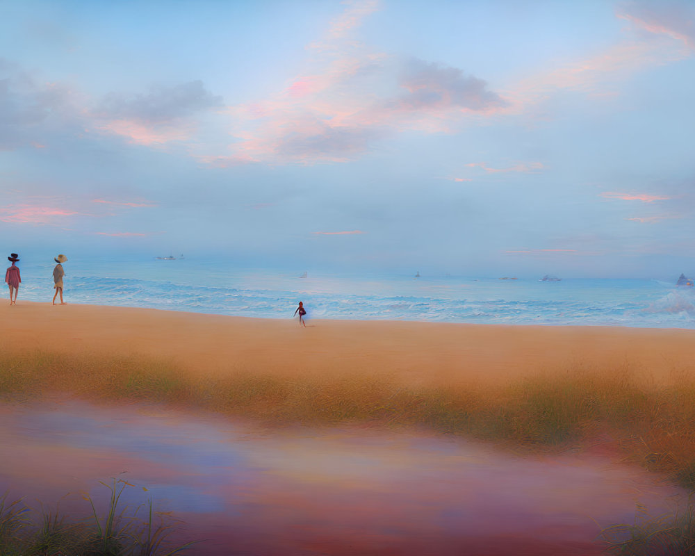 Tranquil beach scene at dusk with colorful sky and people by shoreline