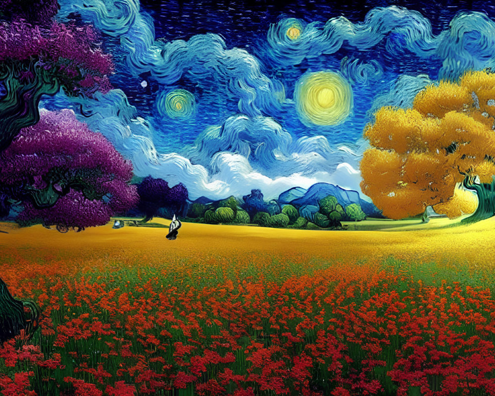 Colorful landscape with starry sky and swirling clouds in Van Gogh style