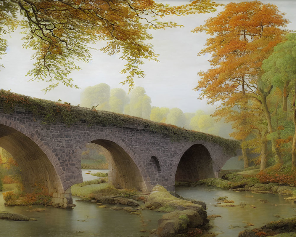 Tranquil River Scene: Old Stone Bridge, Autumn Trees