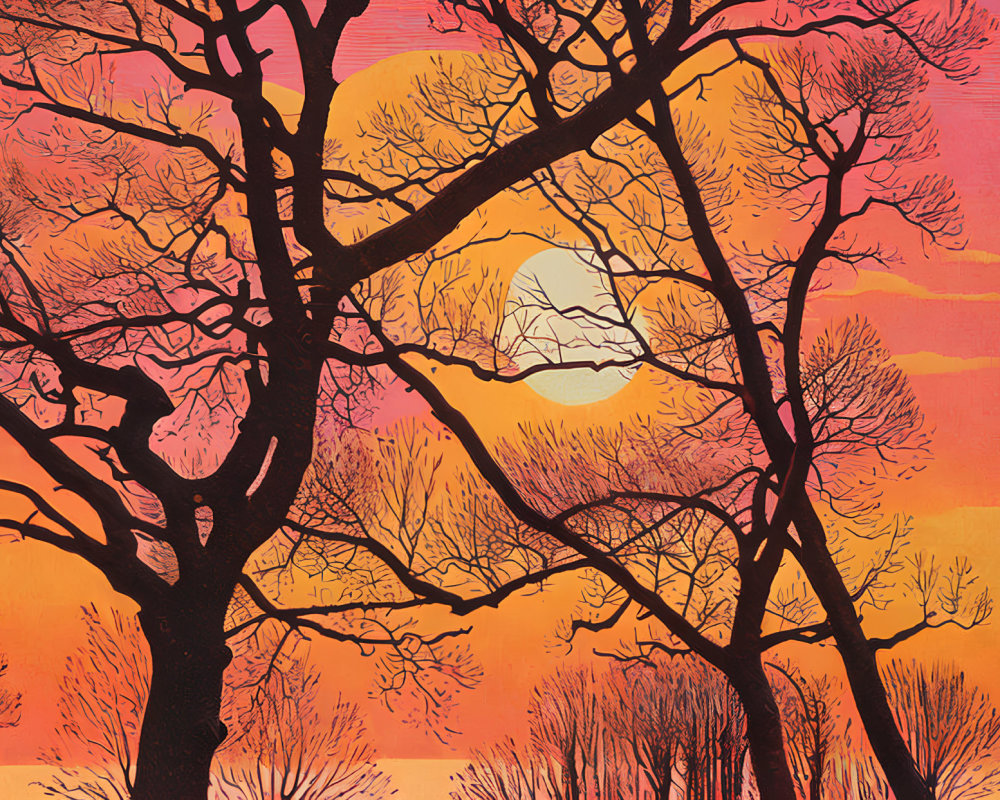 Silhouetted bare trees against vibrant orange and red sky with stylized sun.