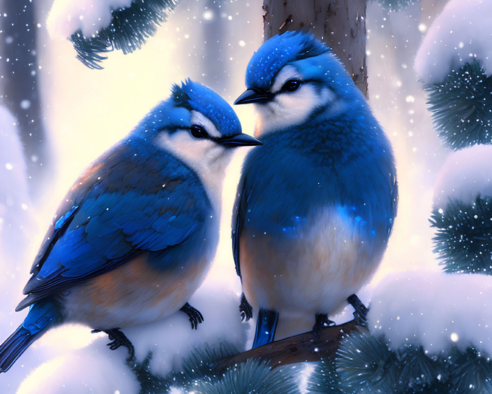 Blue and white birds on snowy branch in soft light.