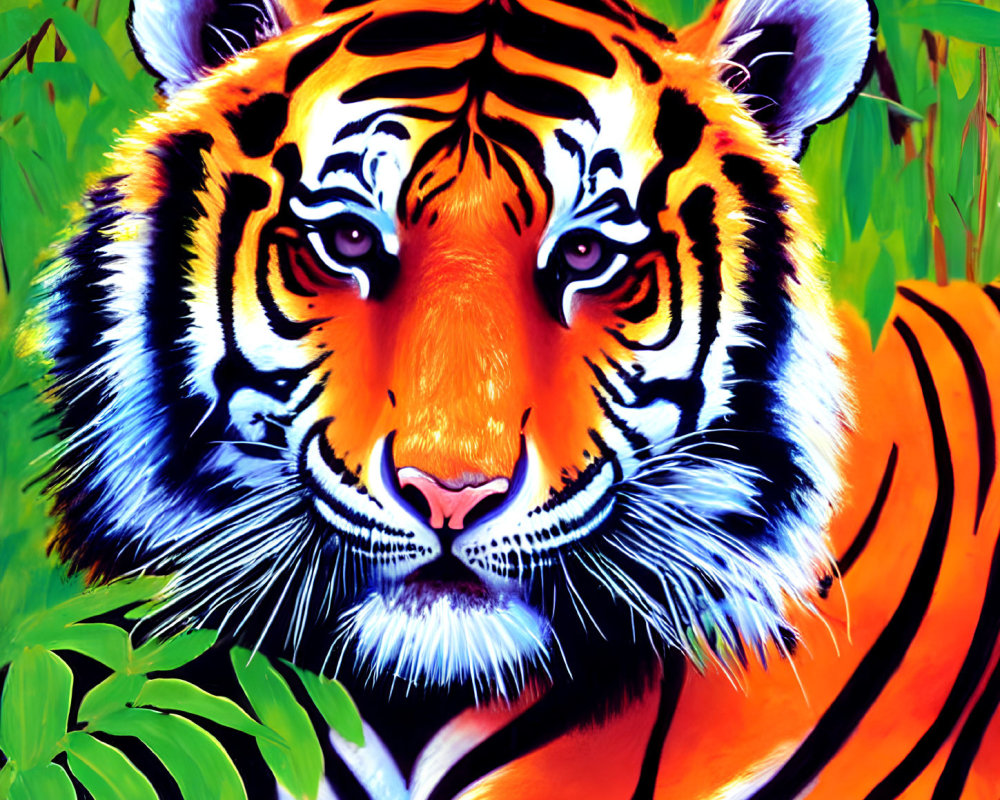 Colorful Tiger Face Art Against Green Background