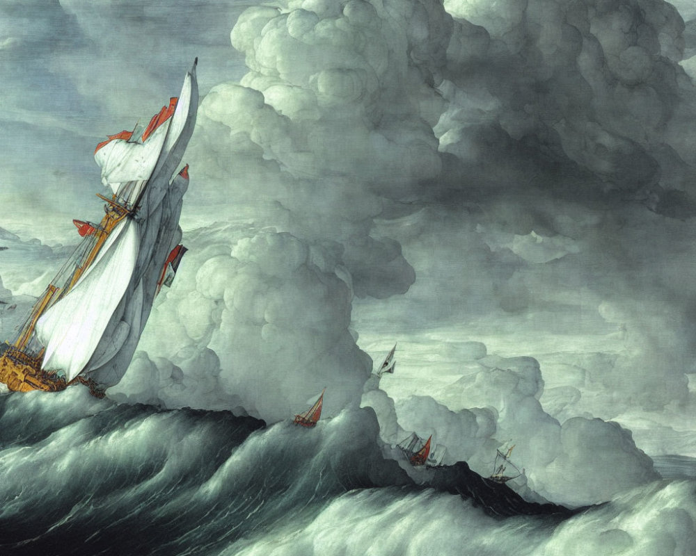 Stormy Sea Painting with Ship and Boats in Tumultuous Waters