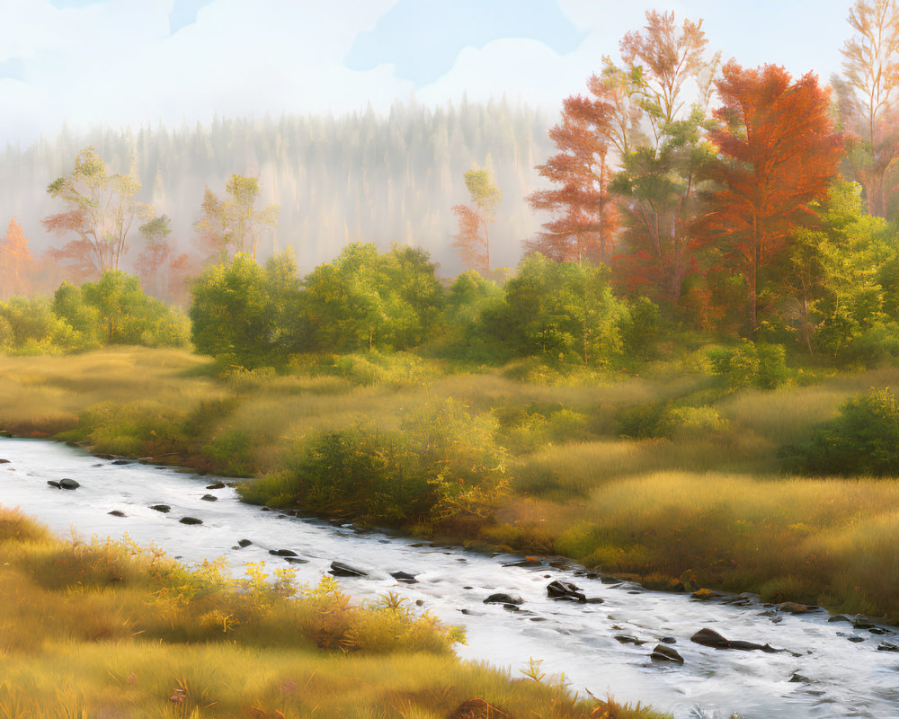Tranquil autumn forest scene with babbling brook
