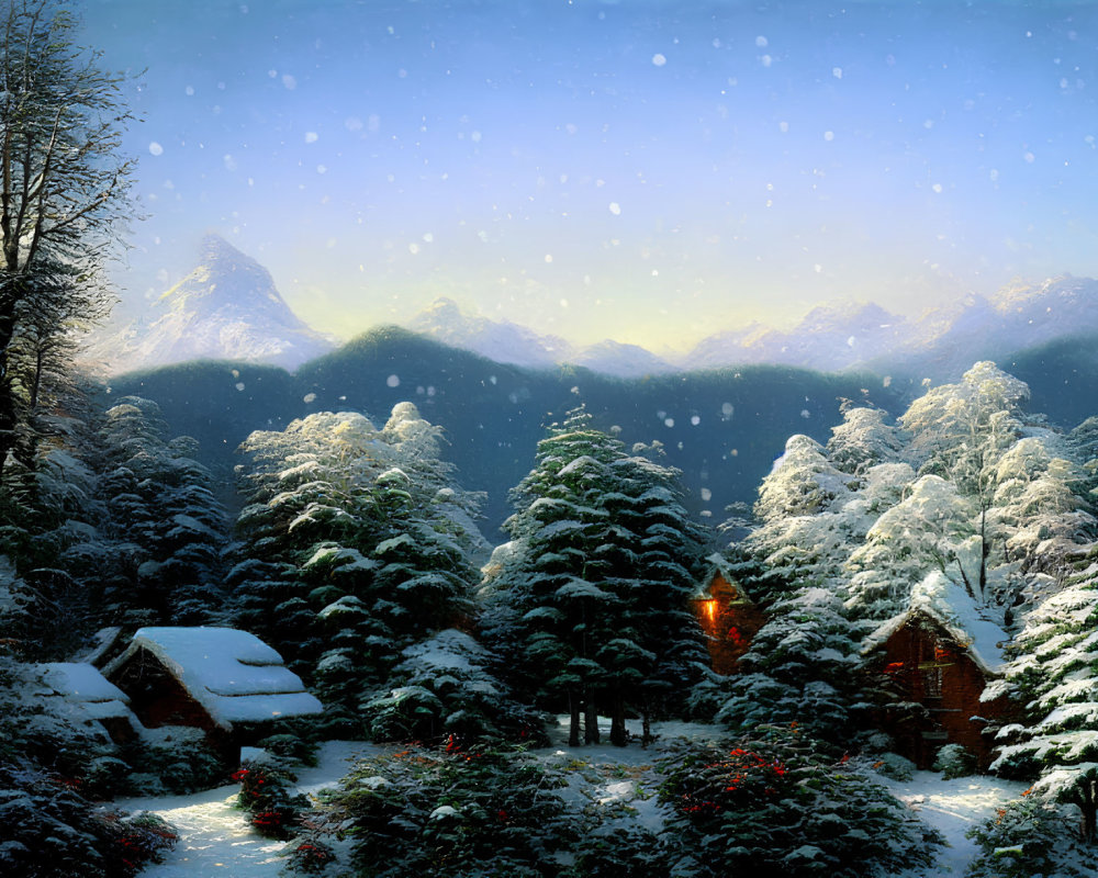 Winter Twilight Scene: Snowy Landscape, Cabin, Trees, and Mountains