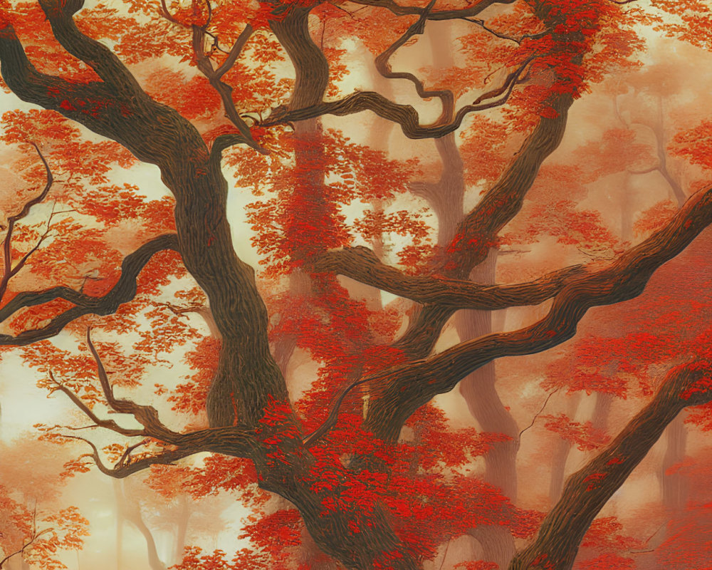 Majestic autumn forest scene with towering red-leaved tree