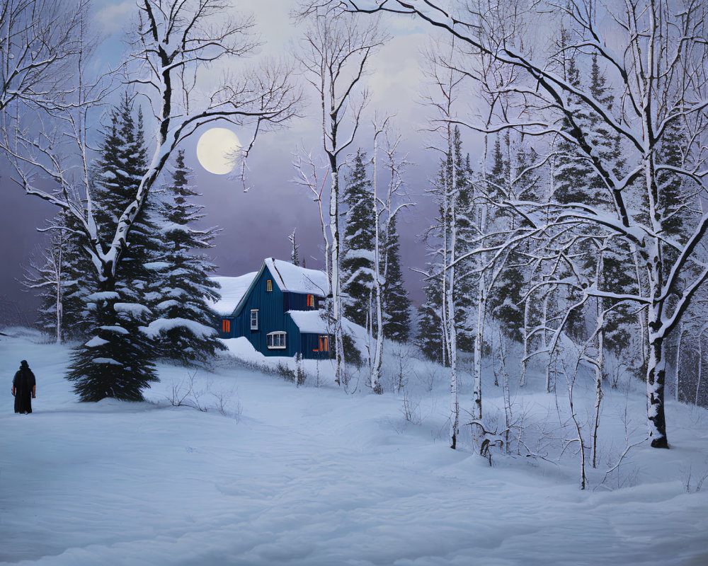 Figure in snowy twilight landscape with blue house, birch trees, and full moon.