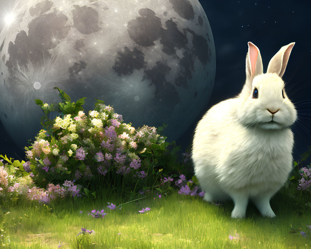 White rabbit in lush meadow under detailed moon with flowers & stars