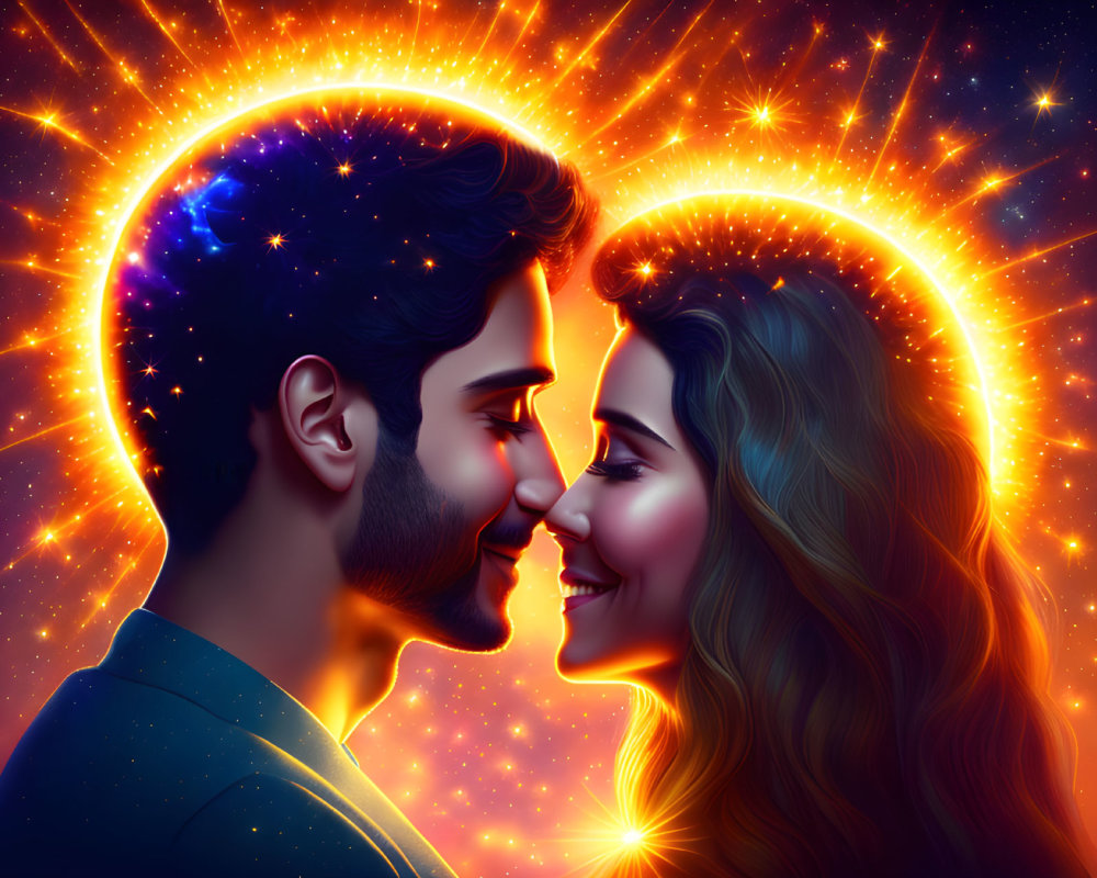 Man and woman with star-filled halos in cosmic digital art
