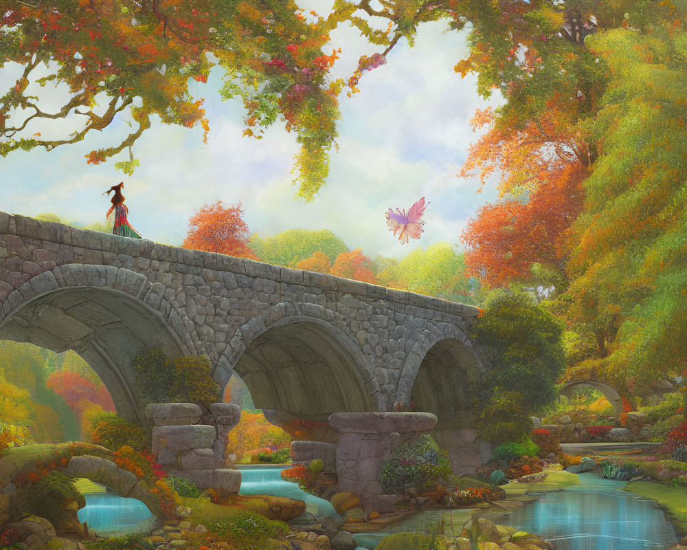 Vibrant autumn landscape with person on stone bridge, serene river, colorful trees, and large butterfly