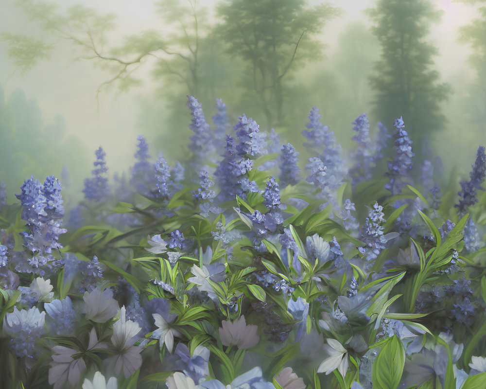 Tranquil lavender and white flower field with misty forest backdrop