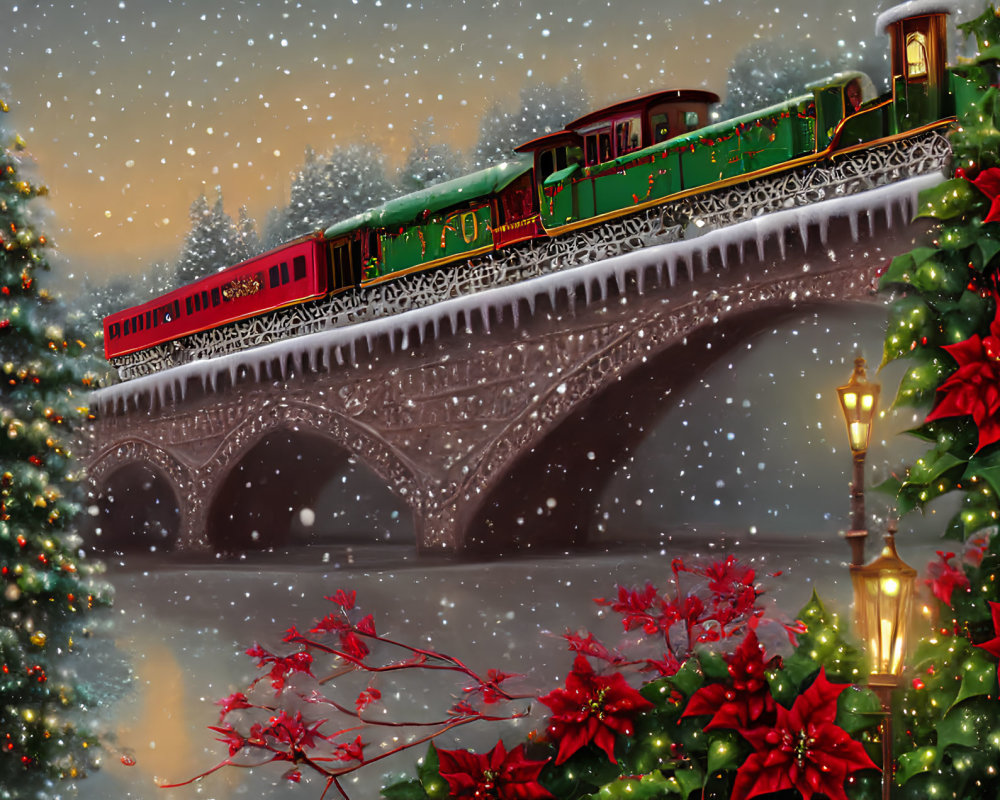 Vintage train crossing snow-covered bridge with Christmas decorations and poinsettias in gentle snowfall at dusk