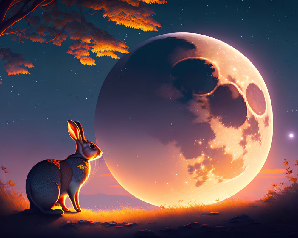 Rabbit gazing at large moon with skull-like pattern in twilight scene