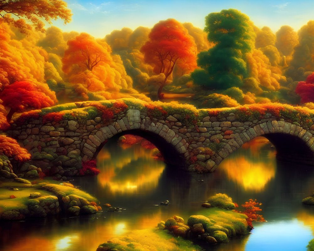 Tranquil autumn landscape with stone bridge and colorful foliage