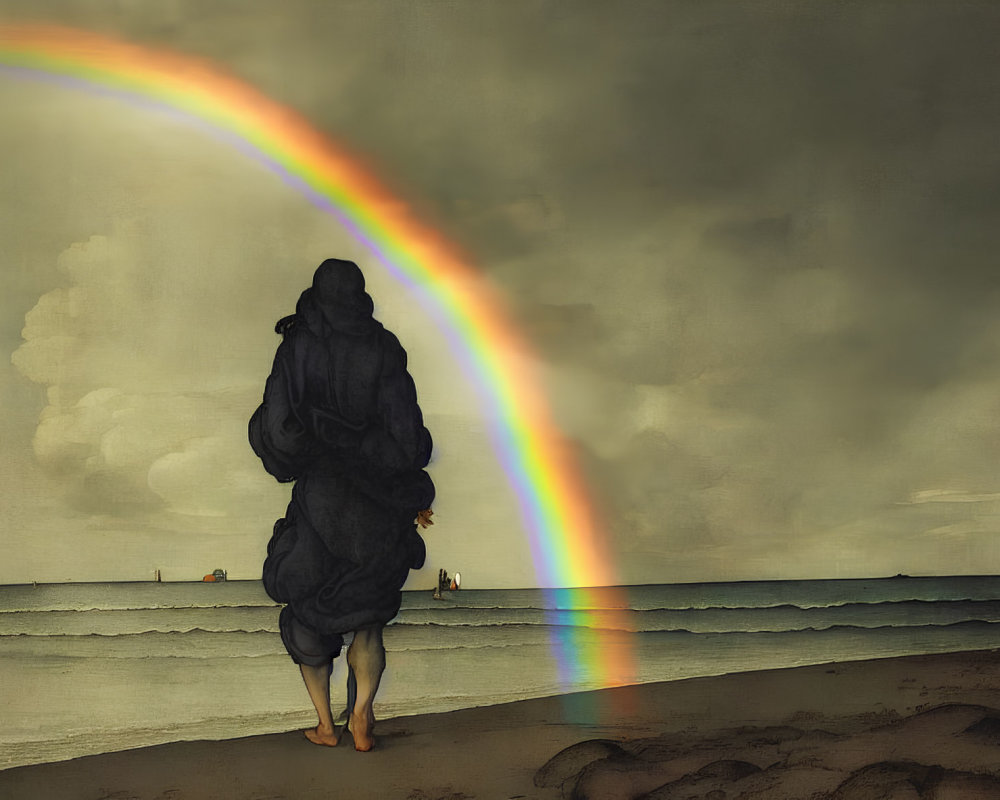 Cloaked Figure on Sandy Beach Gazes at Vibrant Rainbow