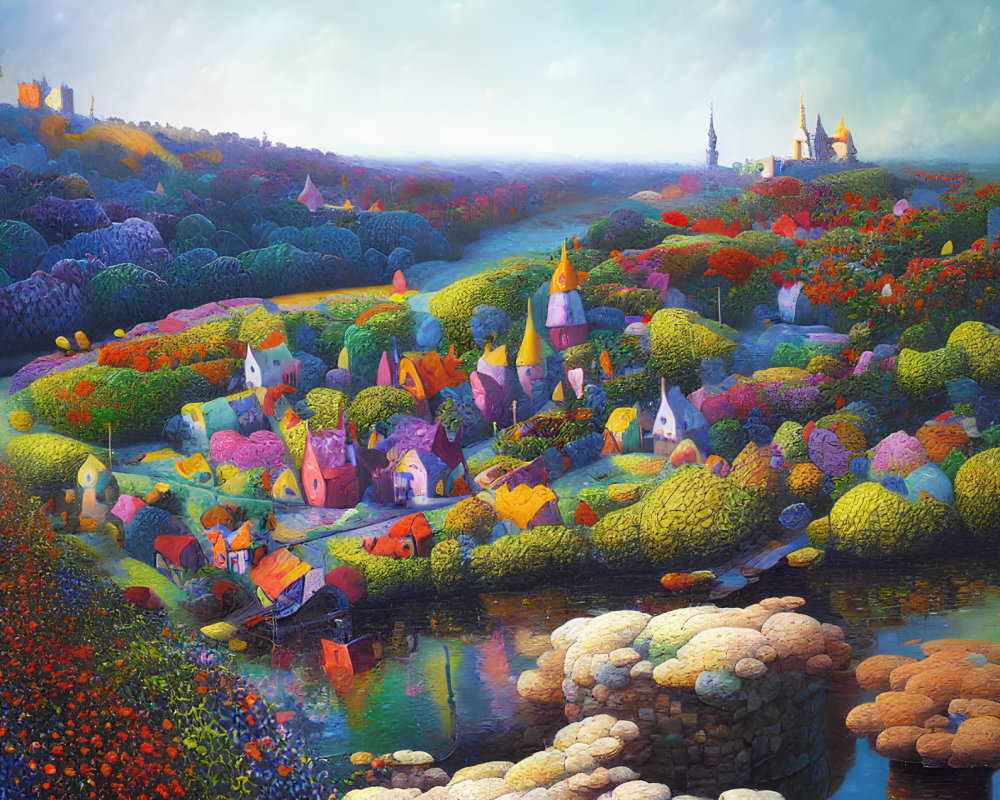 Colorful cottages, lush greenery, river, castles, and bright sky in a vibrant