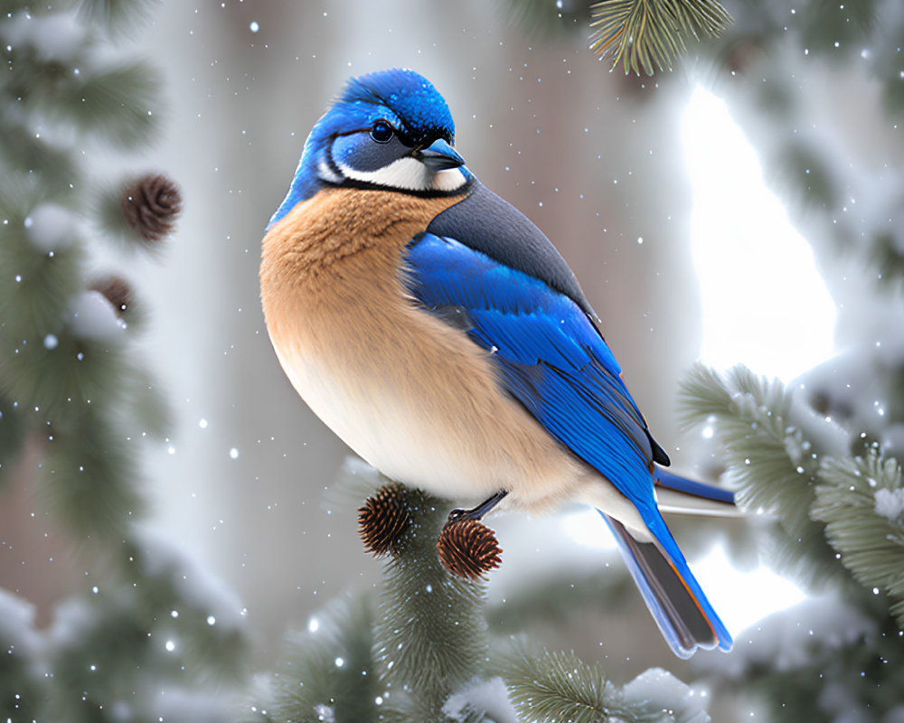 Blue and Brown Bird on Branch in Snowy Winter Scene