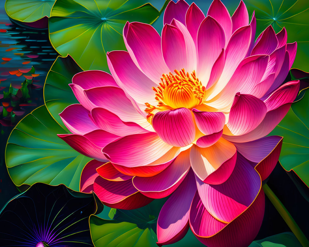 Vibrant digital art: Large pink lotus flower with detailed petals and green lily pads on