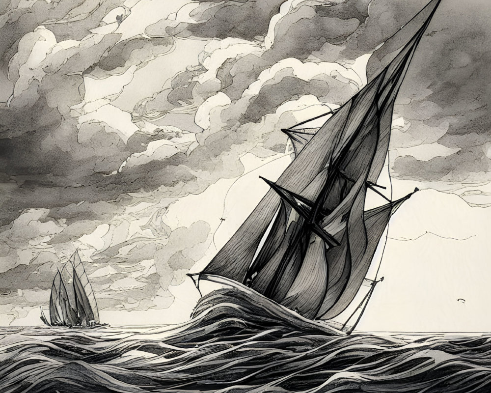 Monochrome Ink Drawing of Sailboats on Turbulent Waves