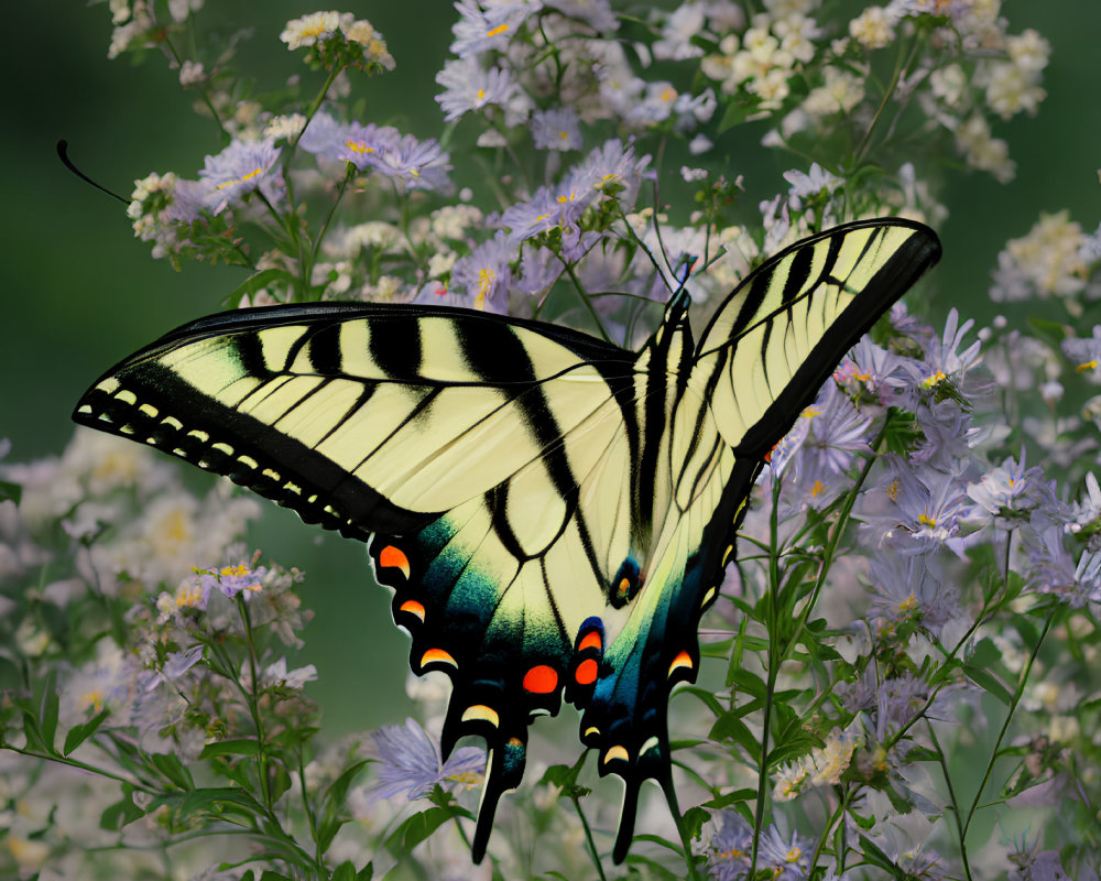 Colorful Butterfly on Purple Flowers in Green Background