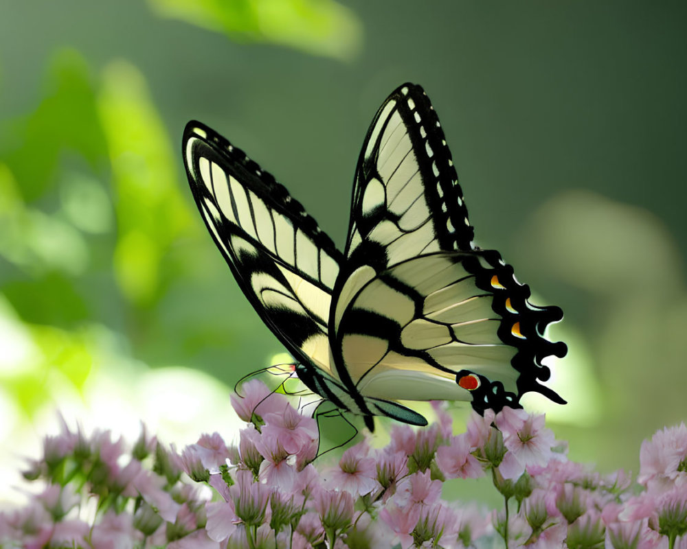 Tiger Swallowtail Butterfly on Pink Flowers with Green Background