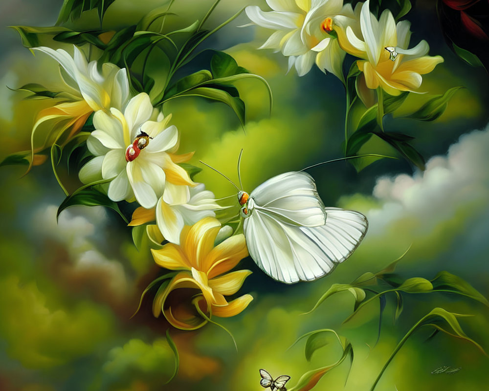 White Butterfly and Ladybugs on Yellow Lilies Digital Artwork