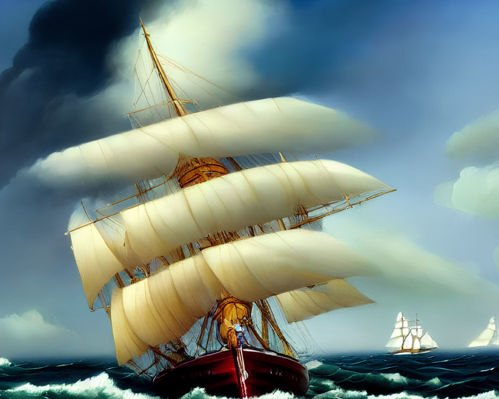 Sailing ship with white sails on turbulent seas under dramatic sky