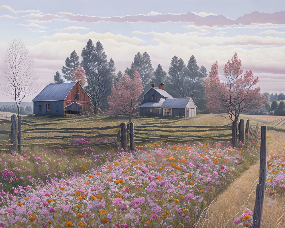 Rustic farm buildings and wildflower meadow in serene landscape